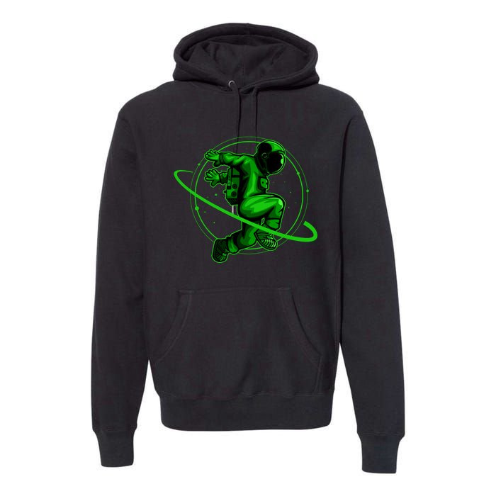 Cool Green Space Astronaut Jumping Retro Premium Hoodie