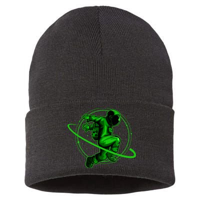 Cool Green Space Astronaut Jumping Retro Sustainable Knit Beanie