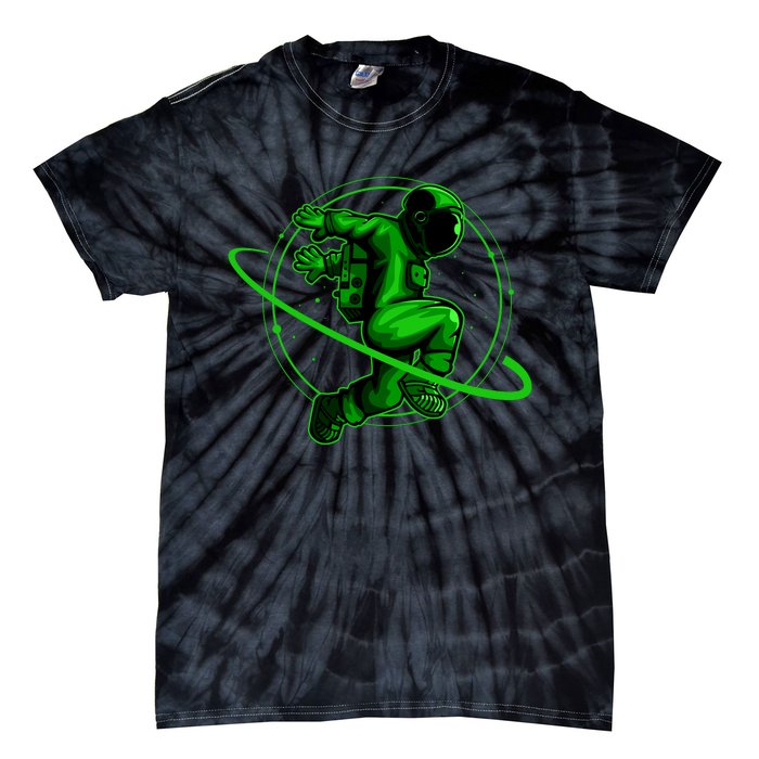 Cool Green Space Astronaut Jumping Retro Tie-Dye T-Shirt