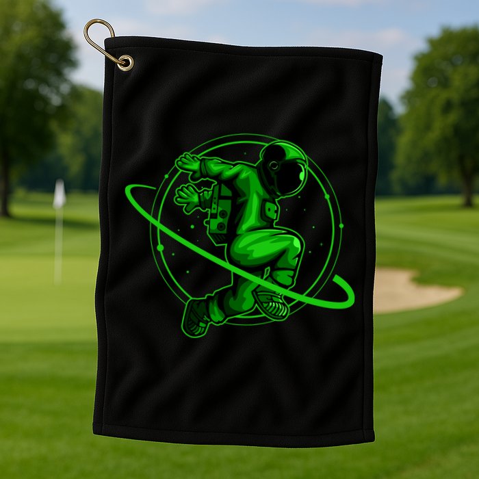 Cool Green Space Astronaut Jumping Retro Golf Towel