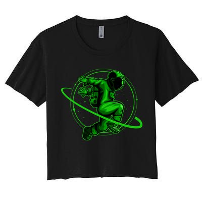 Cool Green Space Astronaut Jumping Retro Crop Top