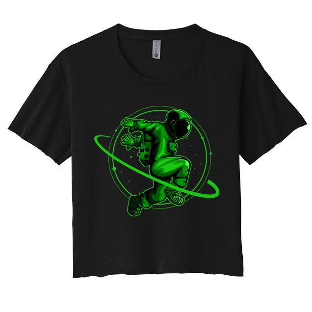 Cool Green Space Astronaut Jumping Retro Crop Top