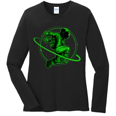 Cool Green Space Astronaut Jumping Retro Ladies Long Sleeve Shirt