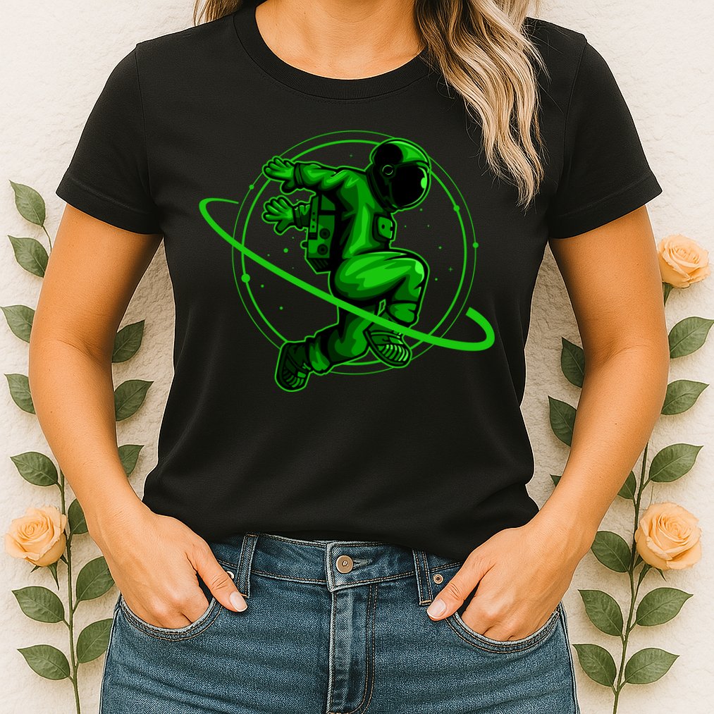 Cool Green Space Astronaut Jumping Retro Womens T-Shirt