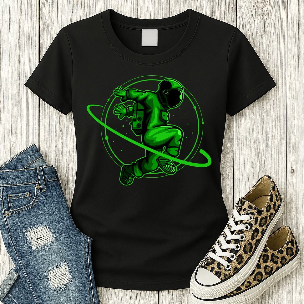 Cool Green Space Astronaut Jumping Retro Womens T-Shirt
