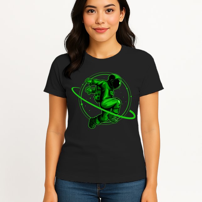 Cool Green Space Astronaut Jumping Retro Womens T-Shirt