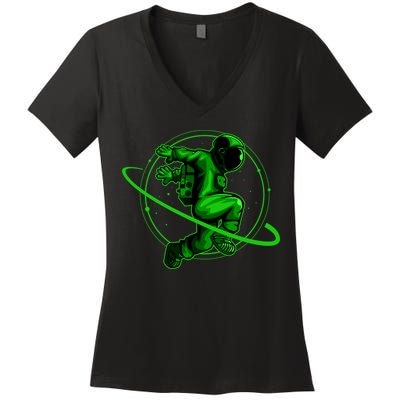 Cool Green Space Astronaut Jumping Retro Women's V-Neck T-Shirt