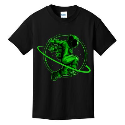 Cool Green Space Astronaut Jumping Retro Kids T-Shirt
