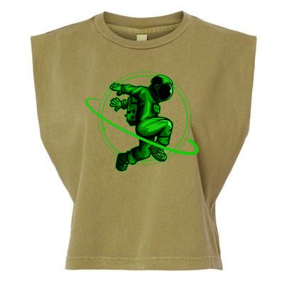 Cool Green Space Astronaut Jumping Retro Garment-Dyed Women's Muscle Tee