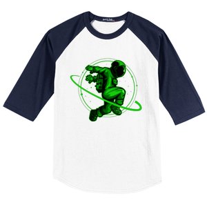 Cool Green Space Astronaut Jumping Retro Baseball Sleeve Shirt