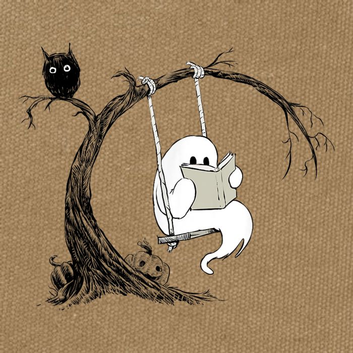 Cute Ghost Swinging Reading Book Halloween Ghost Costume Cotton Canvas Backpack