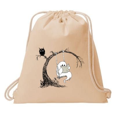 Cute Ghost Swinging Reading Book Halloween Ghost Costume Drawstring Bag