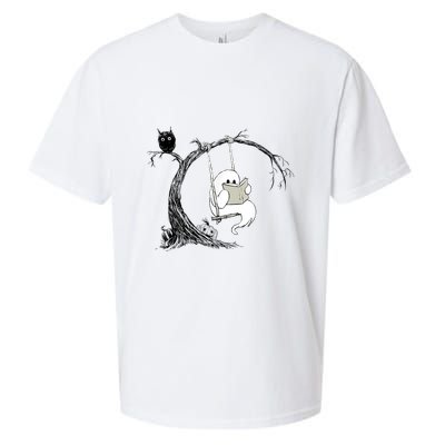Cute Ghost Swinging Reading Book Halloween Ghost Costume Sueded Cloud Jersey T-Shirt
