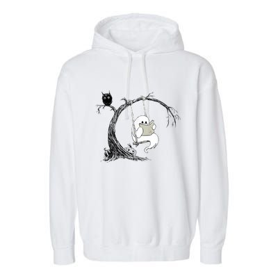 Cute Ghost Swinging Reading Book Halloween Ghost Costume Garment-Dyed Fleece Hoodie