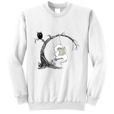 Cute Ghost Swinging Reading Book Halloween Ghost Costume Sweatshirt