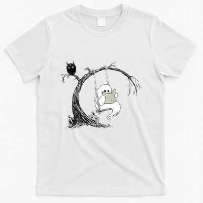 Cute Ghost Swinging Reading Book Halloween Ghost Costume T-Shirt