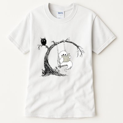 Cute Ghost Swinging Reading Book Halloween Ghost Costume Tall T-Shirt
