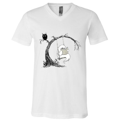 Cute Ghost Swinging Reading Book Halloween Ghost Costume V-Neck T-Shirt
