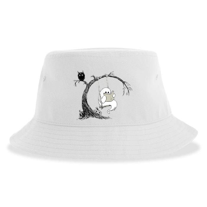 Cute Ghost Swinging Reading Book Halloween Ghost Costume Sustainable Bucket Hat