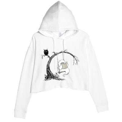 Cute Ghost Swinging Reading Book Halloween Ghost Costume Crop Fleece Hoodie