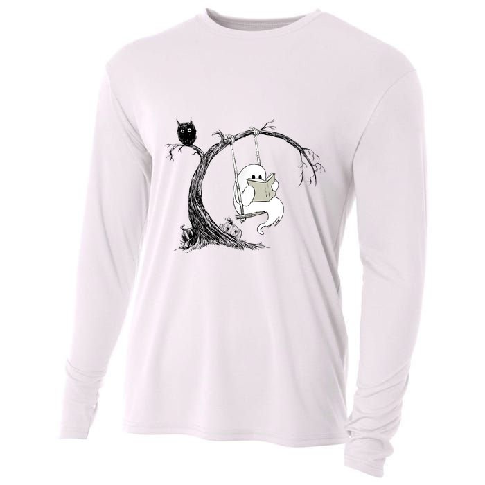 Cute Ghost Swinging Reading Book Halloween Ghost Costume Cooling Performance Long Sleeve Crew