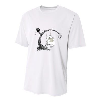 Cute Ghost Swinging Reading Book Halloween Ghost Costume Youth Performance Sprint T-Shirt