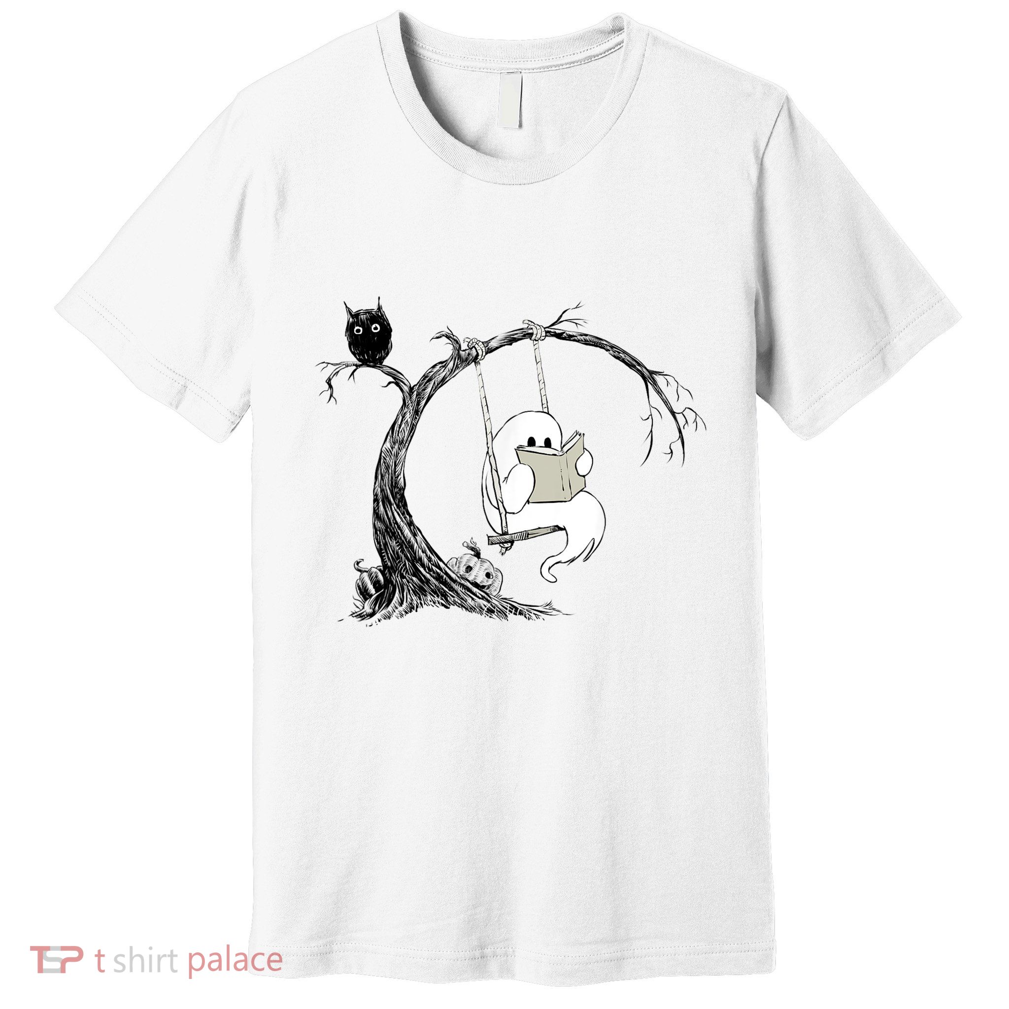 Cute Ghost Swinging Reading Book Halloween Ghost Costume Premium T-Shirt