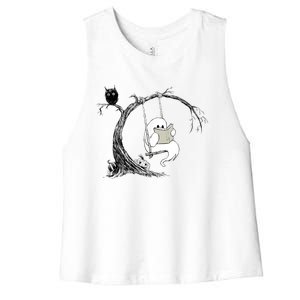 Cute Ghost Swinging Reading Book Halloween Ghost Costume Women's Racerback Cropped Tank