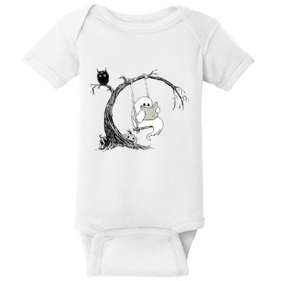 Cute Ghost Swinging Reading Book Halloween Ghost Costume Baby Bodysuit