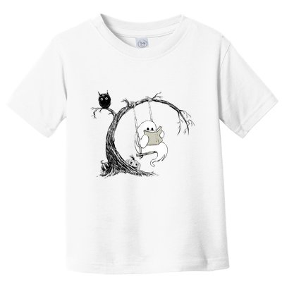 Cute Ghost Swinging Reading Book Halloween Ghost Costume Toddler T-Shirt