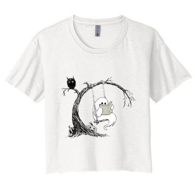 Cute Ghost Swinging Reading Book Halloween Ghost Costume Crop Top