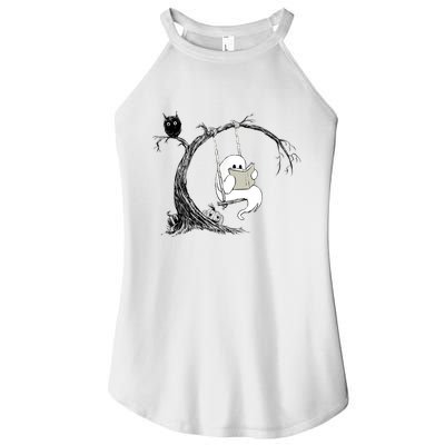 Cute Ghost Swinging Reading Book Halloween Ghost Costume Women's Perfect Tri Rocker Tank