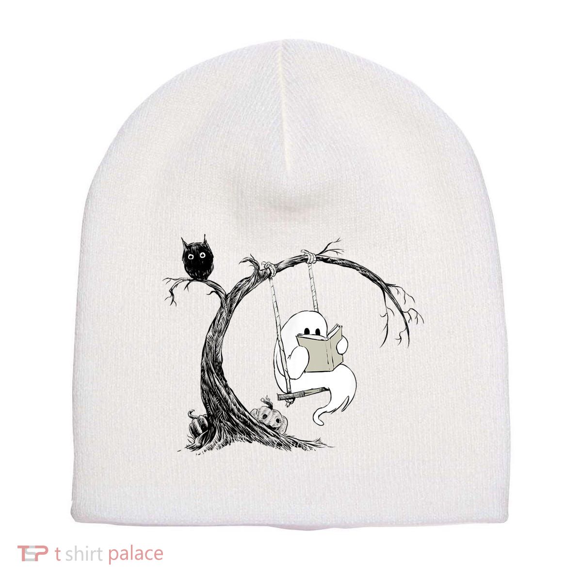 Cute Ghost Swinging Reading Book Halloween Ghost Costume Short Acrylic Beanie