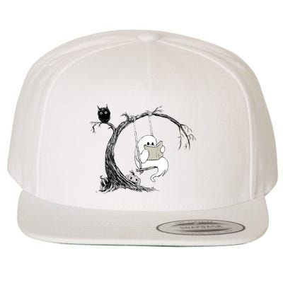 Cute Ghost Swinging Reading Book Halloween Ghost Costume Wool Snapback Cap