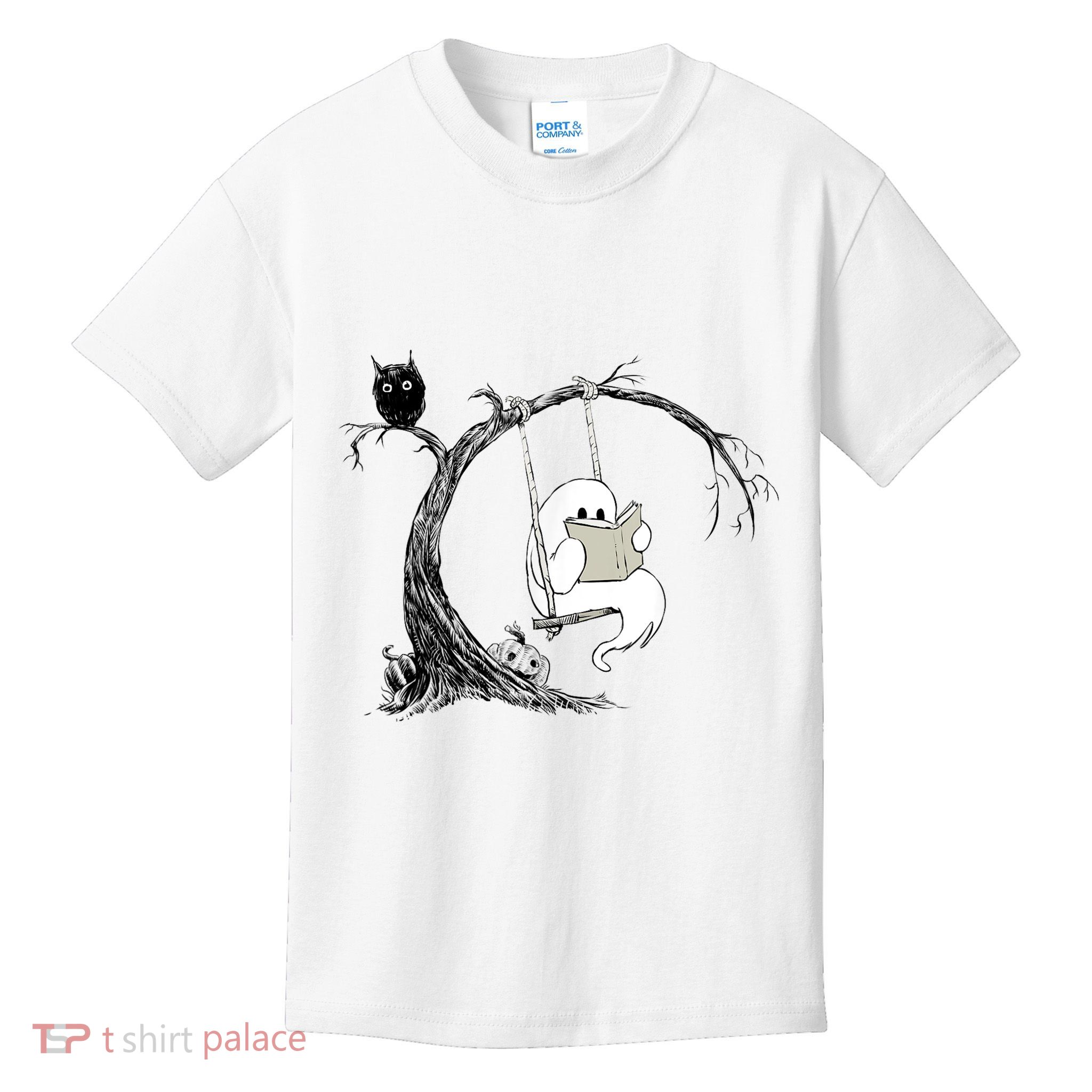 Cute Ghost Swinging Reading Book Halloween Ghost Costume Kids T-Shirt