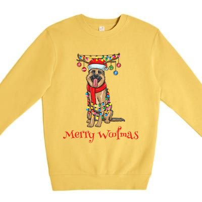 Christmas Ger Shepherd Dog Holiday Lights Merry Woofmas Gift Premium Crewneck Sweatshirt