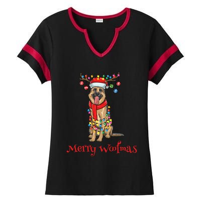 Christmas Ger Shepherd Dog Holiday Lights Merry Woofmas Gift Ladies Halftime Notch Neck Tee