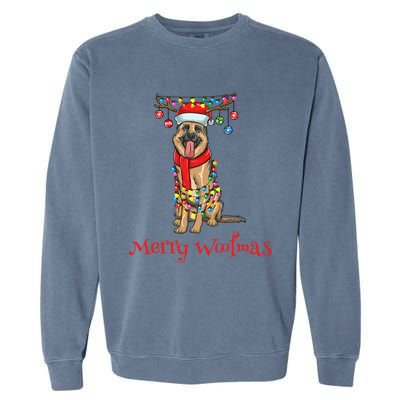 Christmas Ger Shepherd Dog Holiday Lights Merry Woofmas Gift Garment-Dyed Sweatshirt