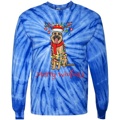 Christmas Ger Shepherd Dog Holiday Lights Merry Woofmas Gift Tie-Dye Long Sleeve Shirt