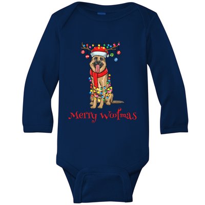 Christmas Ger Shepherd Dog Holiday Lights Merry Woofmas Gift Baby Long Sleeve Bodysuit