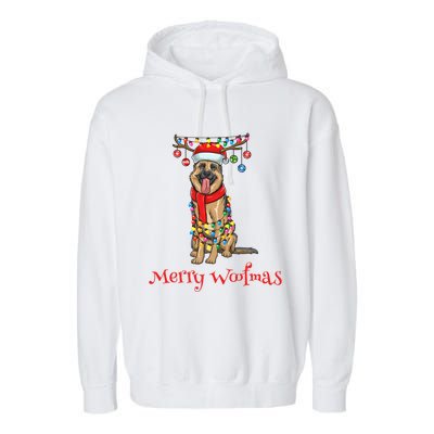 Christmas Ger Shepherd Dog Holiday Lights Merry Woofmas Gift Garment-Dyed Fleece Hoodie