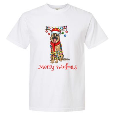 Christmas Ger Shepherd Dog Holiday Lights Merry Woofmas Gift Garment-Dyed Heavyweight T-Shirt