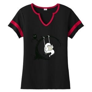 Cute Ghost Swinging Reading Book Halloween Ghost Costume Ladies Halftime Notch Neck Tee