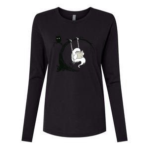 Cute Ghost Swinging Reading Book Halloween Ghost Costume Womens Cotton Relaxed Long Sleeve T-Shirt