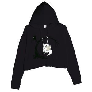 Cute Ghost Swinging Reading Book Halloween Ghost Costume Crop Fleece Hoodie