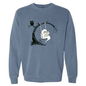 Cute Ghost Swinging Reading Book Halloween Ghost Costume Garment-Dyed Sweatshirt