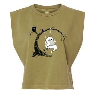 Cute Ghost Swinging Reading Book Halloween Ghost Costume Garment-Dyed Women's Muscle Tee