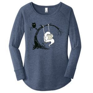 Cute Ghost Swinging Reading Book Halloween Ghost Costume Women's Perfect Tri Tunic Long Sleeve Shirt