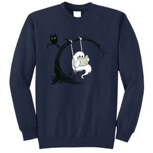 Cute Ghost Swinging Reading Book Halloween Ghost Costume Tall Sweatshirt