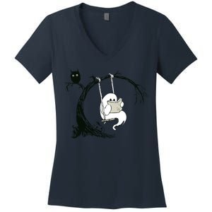 Cute Ghost Swinging Reading Book Halloween Ghost Costume Women's V-Neck T-Shirt